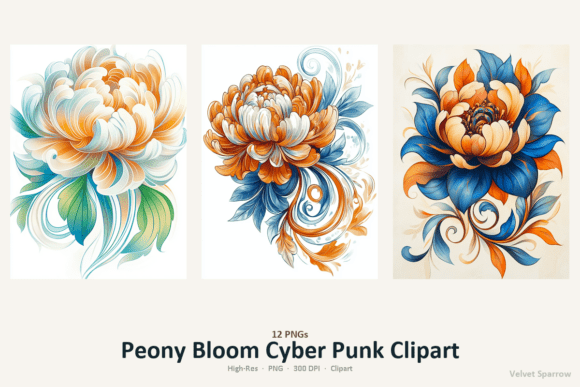 Peony Bloom Cyber Punk Clipart: Floral Futurism for Your Projects