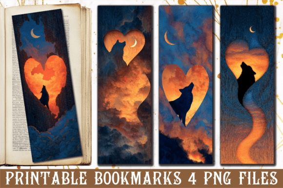 Sunset Heart Silhouette Wolf Bookmark: A Design Asset with Character