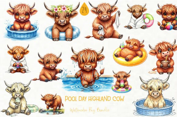 Whimsical Pool Day Highland Cow Clipart: A Splash of Charm